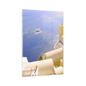 Glasbild - Bild auf glas - Griechische Architektur mit Meerblick und einem Boot im Hintergrund - 70x100cm - Griechische Landschaft in Weiß und Blau - Moderne Wanddekoration für Wohnzimmer und Schlafzimmer ARTTOR
