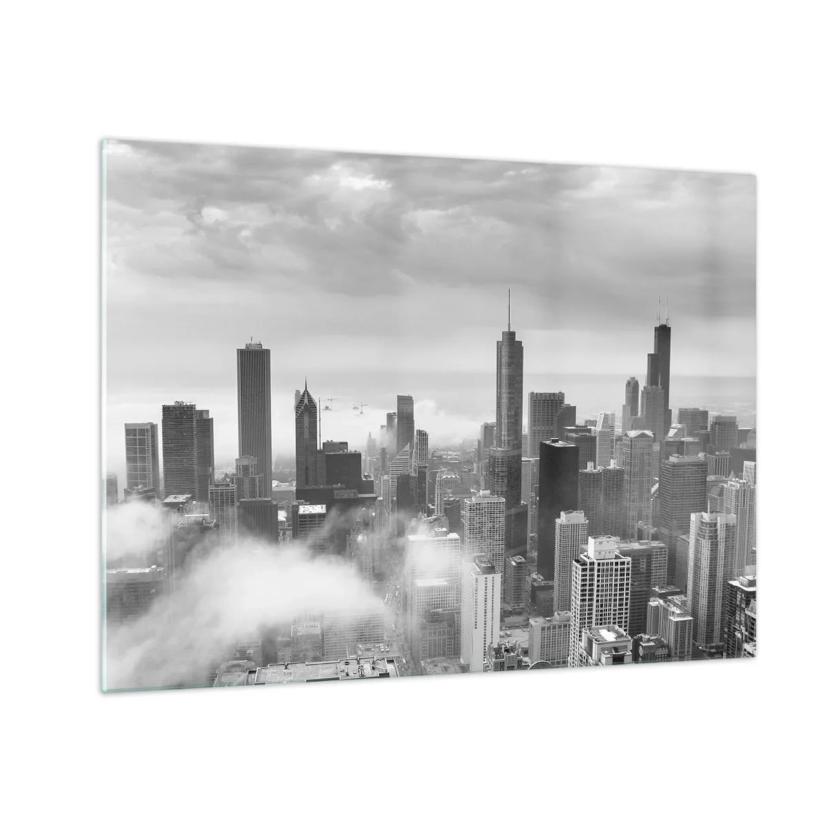 Glasbild - Bild auf glas - Stadtpanorama mit Wolkenkratzern in Schwarzweiß - 70x50cm - Amerikanische Landschaft - Moderne Wanddekoration für Wohnzimmer und Schlafzimmer ARTTOR