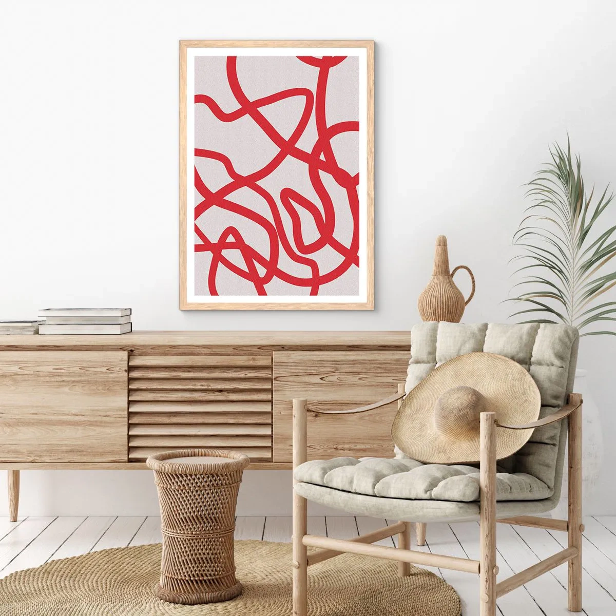 Poster in einem Rahmen aus heller Eiche - Rot auf Weiß - 61x91 cm
