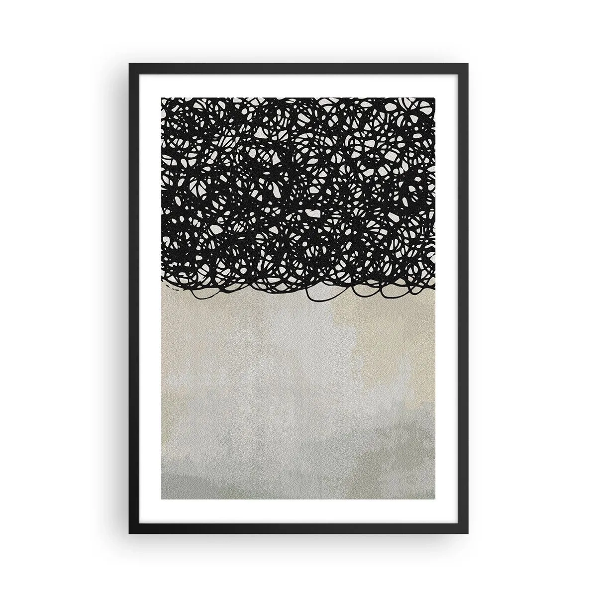 Poster in einem schwarzem Rahmen - Abstrakte Komposition mit schwarzen Linien auf hellem Hintergrund - 50x70cm - Turbulente Abstraktion - Moderne Wanddekoration für Wohnzimmer und Schlafzimmer ARTTOR