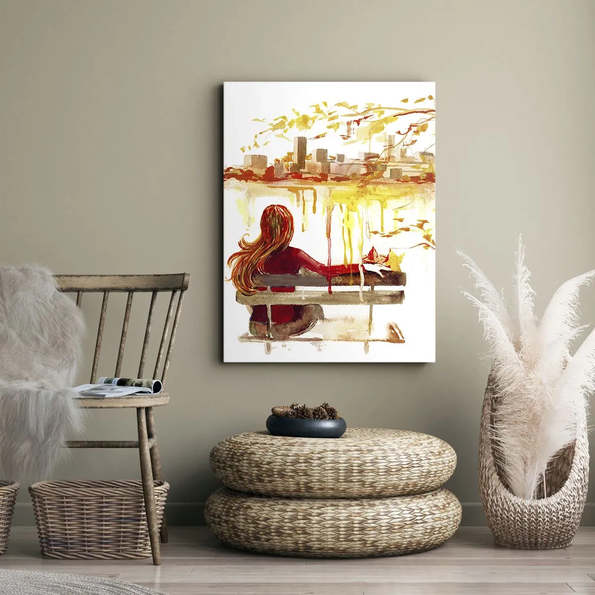 Bild auf Leinwand - Leinwandbild - Aquarellszene einer Frau auf einer Bank mit Blick auf die Stadt - 50x70cm - Ein Moment der Besinnung - Moderne Wanddekoration für Wohnzimmer und Schlafzimmer ARTTOR