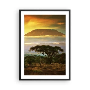 Poster in einem schwarzem Rahmen - Kilimandscharo bei Sonnenuntergang in der afrikanischen Savanne - 50x70cm - Ein Reisetraum - Moderne Wanddekoration für Wohnzimmer und Schlafzimmer ARTTOR