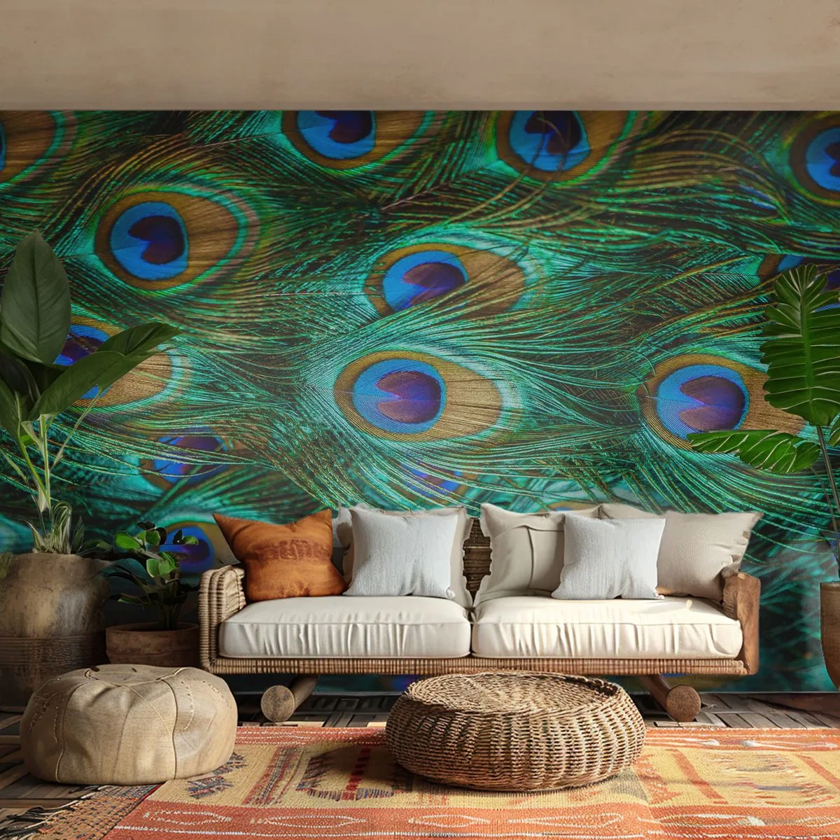 Fototapete Premium Canvas - Ein Blick mit Pfauenaugen - Abstraktion, Pfauenfedern, Vogelfeder - 300x210 cm