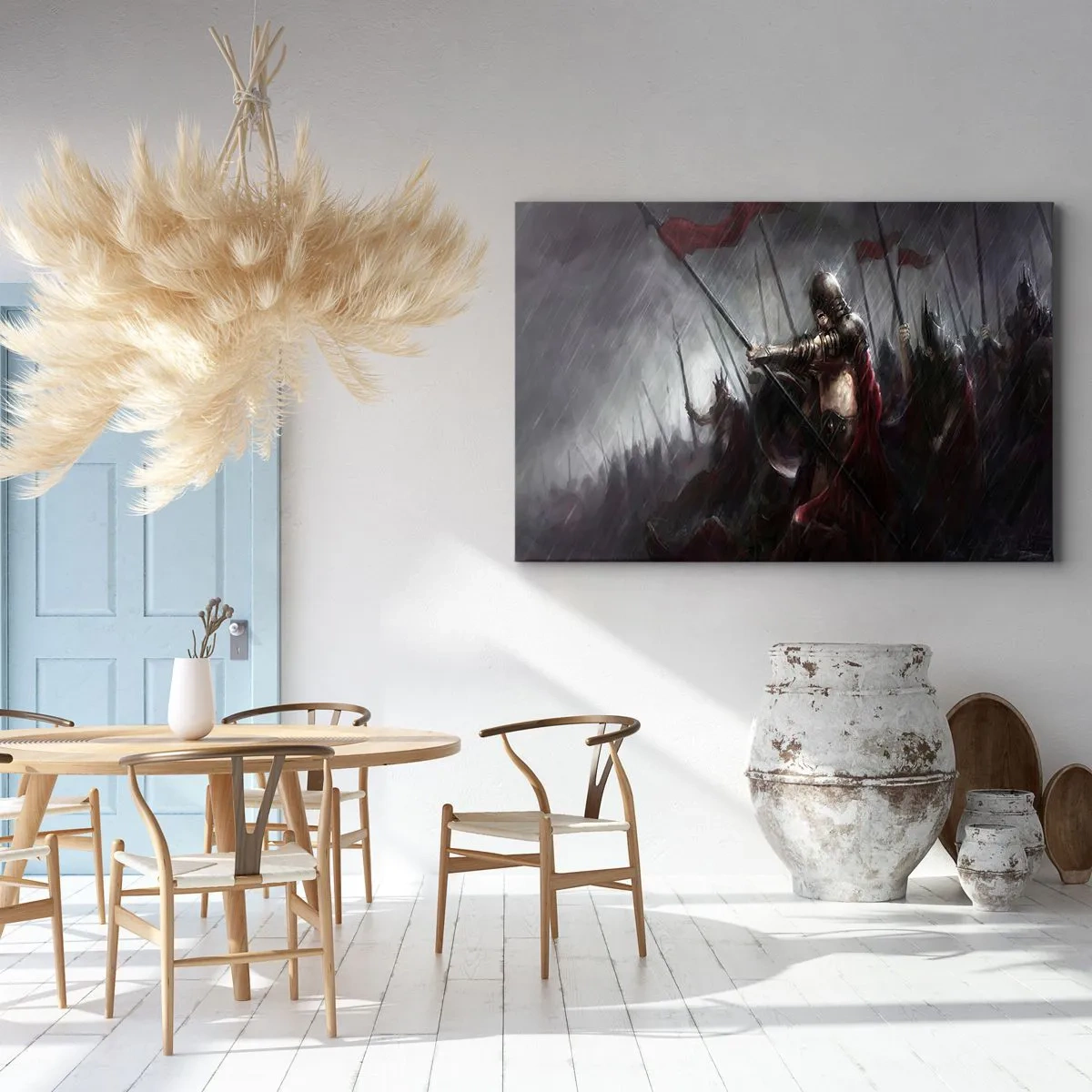 Bild auf Leinwand - Leinwandbild - Ritter marschieren im Regen zum Schlachtfeld - 100x70cm - Passant, sag Sparta ... - Moderne Wanddekoration für Wohnzimmer und Schlafzimmer ARTTOR