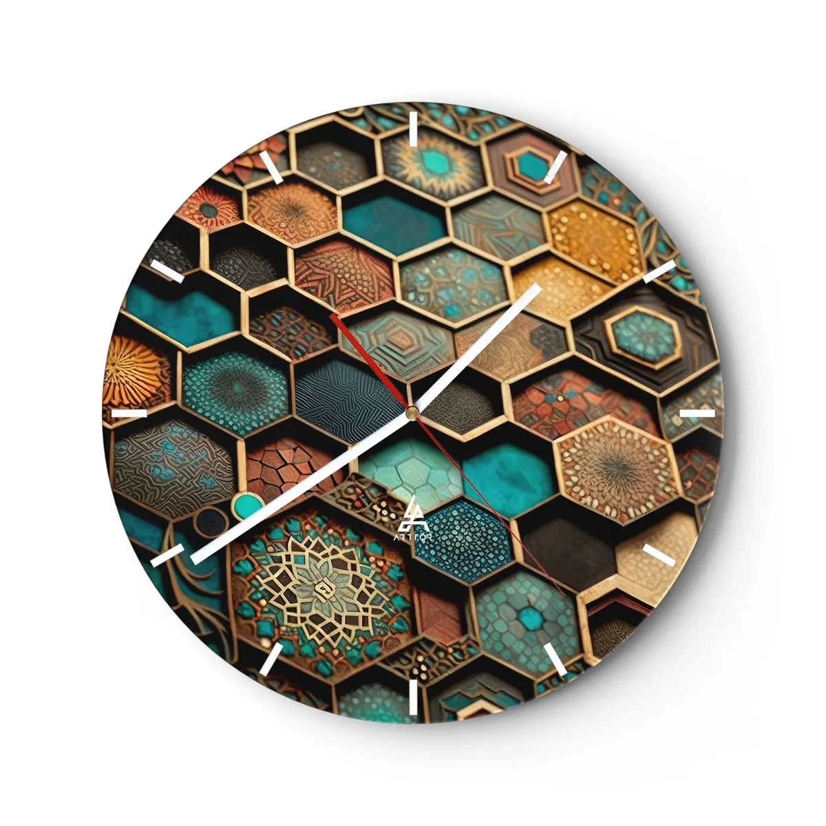 Wanduhr - Glasuhr - Mehrfarbige Sechsecke mit orientalischen Mustern - 30x30cm - Arabische Ornamente – Variation - Moderne Wanddekoration für Wohnzimmer, Küche und Schlafzimmer ARTTOR