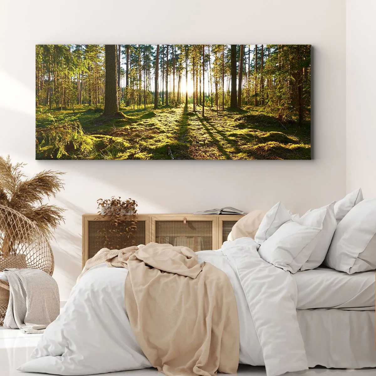 Bild auf Leinwand - Leinwandbild - Grüner Wald, beleuchtet durch Sonnenlicht auf dem Moos - 120x50cm - … Hinter den sieben Wäldern - Moderne Wanddekoration für Wohnzimmer und Schlafzimmer ARTTOR