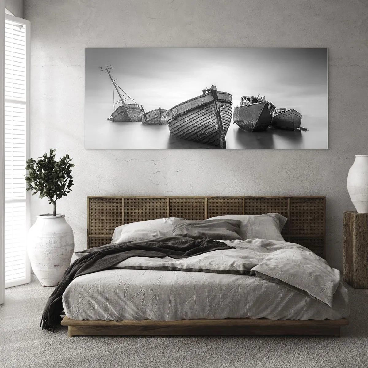 Glasbild - Bild auf glas - Verlassene Boote auf ruhigem Wasser - 120x50cm - Nur Erinnerungen ... - Moderne Wanddekoration für Wohnzimmer und Schlafzimmer ARTTOR