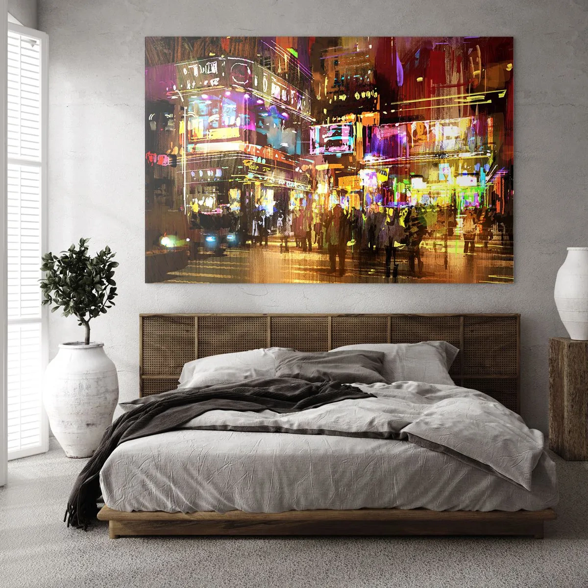 Glasbild - Bild auf glas - Eine pulsierende Stadt im Neonlicht - 100x70cm - In einem Lichtermeer - Moderne Wanddekoration für Wohnzimmer und Schlafzimmer ARTTOR