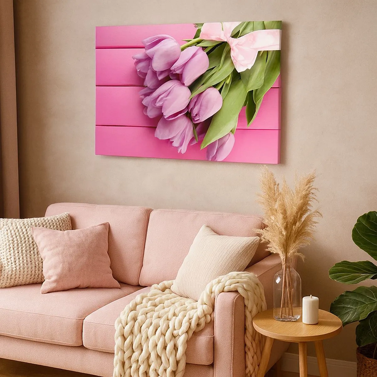 Bild auf Leinwand - Leinwandbild - Ein Strauß rosa Tulpen mit Schleife auf rosa Hintergrund - 70x50cm - Nur für dich - Moderne Wanddekoration für Wohnzimmer und Schlafzimmer ARTTOR