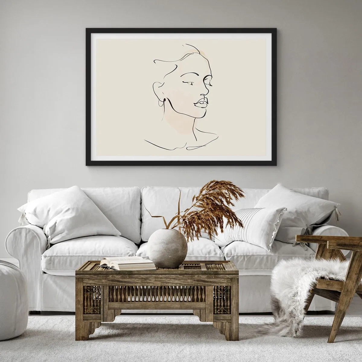 Poster in einem schwarzem Rahmen - Eine zarte Skizze eines Frauengesichts auf hellem Hintergrund - 100x70cm - Eine bestimmte Linie - Moderne Wanddekoration für Wohnzimmer und Schlafzimmer ARTTOR