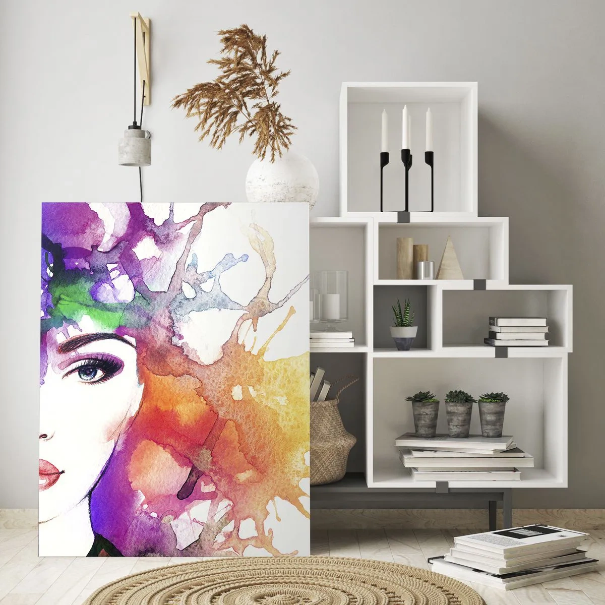 Glasbild - Bild auf glas - Eine Frau mit unscharfem, buntem Hintergrund im Aquarellstil - 50x70cm - Mit dem Kopf in den Wolken - Moderne Wanddekoration für Wohnzimmer und Schlafzimmer ARTTOR