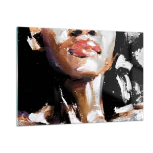 Glasbild - Bild auf glas - Nahaufnahme eines farbenfrohen Frauenporträts im ausdrucksstarken Stil - 120x80cm - Stolz ohne Vorurteile - Moderne Wanddekoration für Wohnzimmer und Schlafzimmer ARTTOR