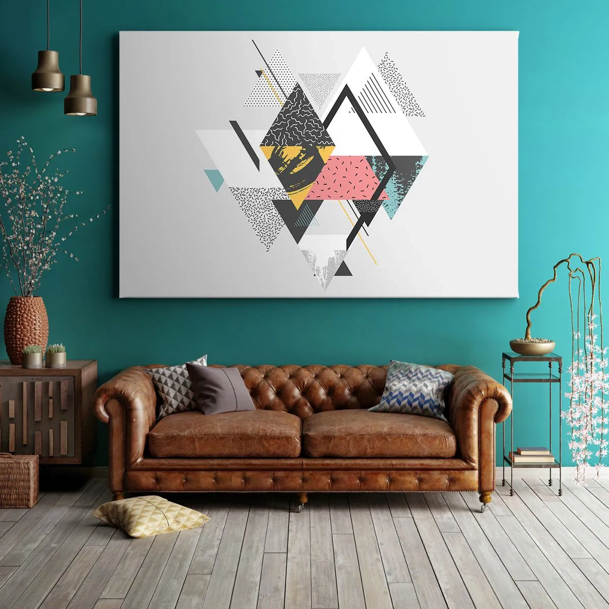 Bild auf Leinwand - Leinwandbild - Geometrische Muster auf hellem Hintergrund - 70x50cm - Variation über Dreieck und Raute - Moderne Wanddekoration für Wohnzimmer und Schlafzimmer ARTTOR