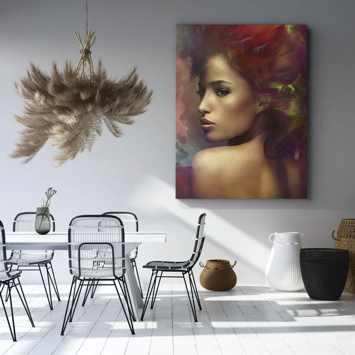 Bild auf Leinwand - Leinwandbild - Eine Frau mit bunten Reflexionen, die einen abstrakten Hintergrund erzeugen - 70x100cm - Schöner als ein Regenbogen, so zart wie ein Nebel - Moderne Wanddekoration für Wohnzimmer und Schlafzimmer ARTTOR