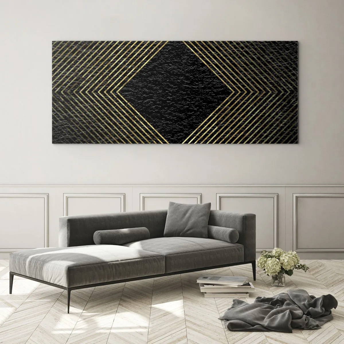 Glasbild - Bild auf glas - Schwarzer Hintergrund mit einem geometrischen Muster aus goldenen Linien - 160x50cm - Geometrie im glamourösen Stil - Moderne Wanddekoration für Wohnzimmer und Schlafzimmer ARTTOR