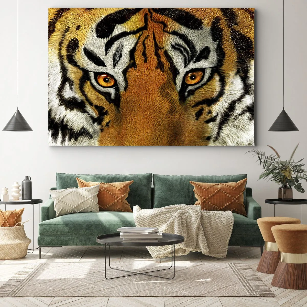 Bild auf Leinwand - Leinwandbild - Nahaufnahme eines Tigers mit intensivem Blick - 120x80cm - Schrecklich und schön - Moderne Wanddekoration für Wohnzimmer und Schlafzimmer ARTTOR