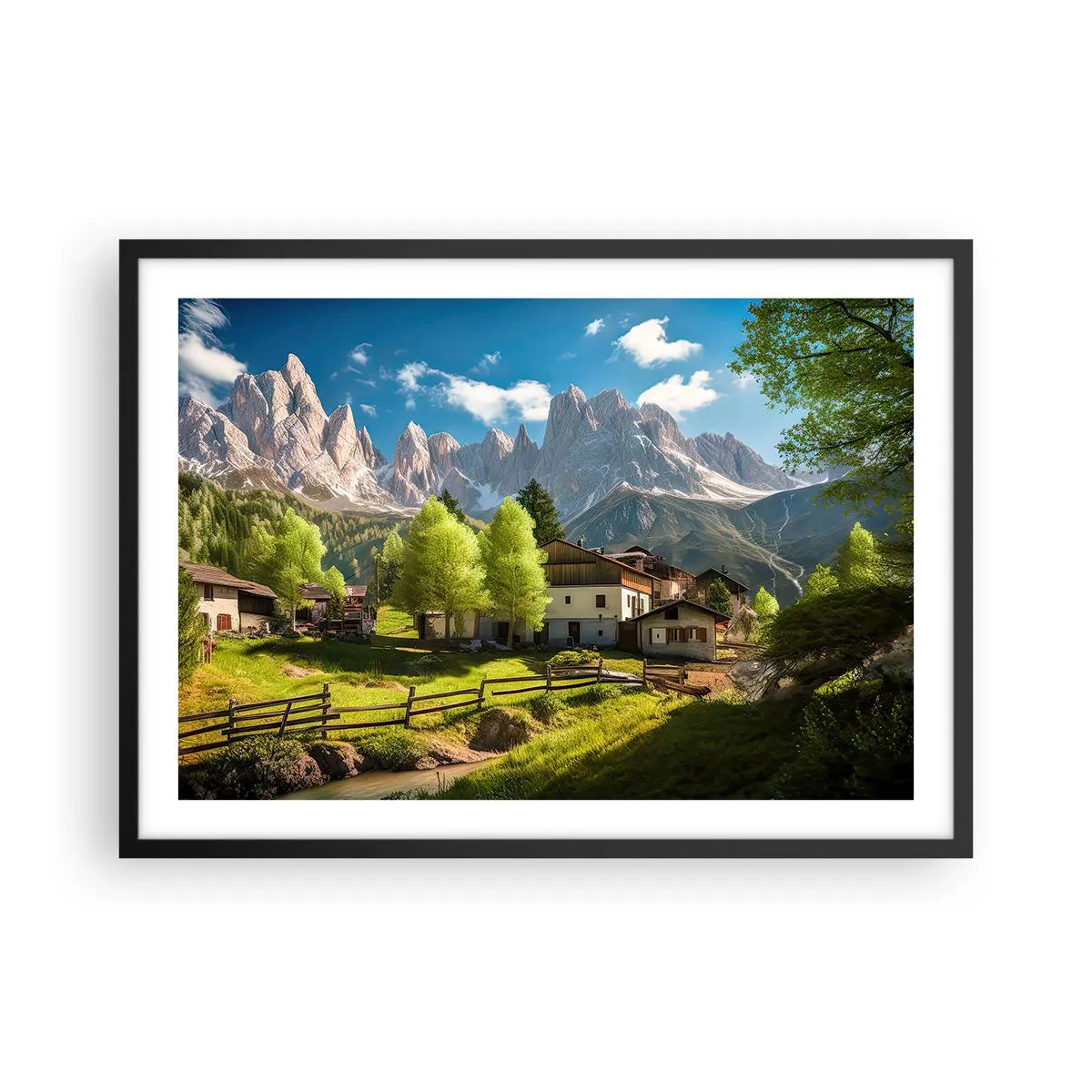 Poster in einem schwarzem Rahmen - Ein Bergdorf mit Häusern und Blick auf die Alpen - 70x50cm - Alpenidylle - Moderne Wanddekoration für Wohnzimmer und Schlafzimmer ARTTOR