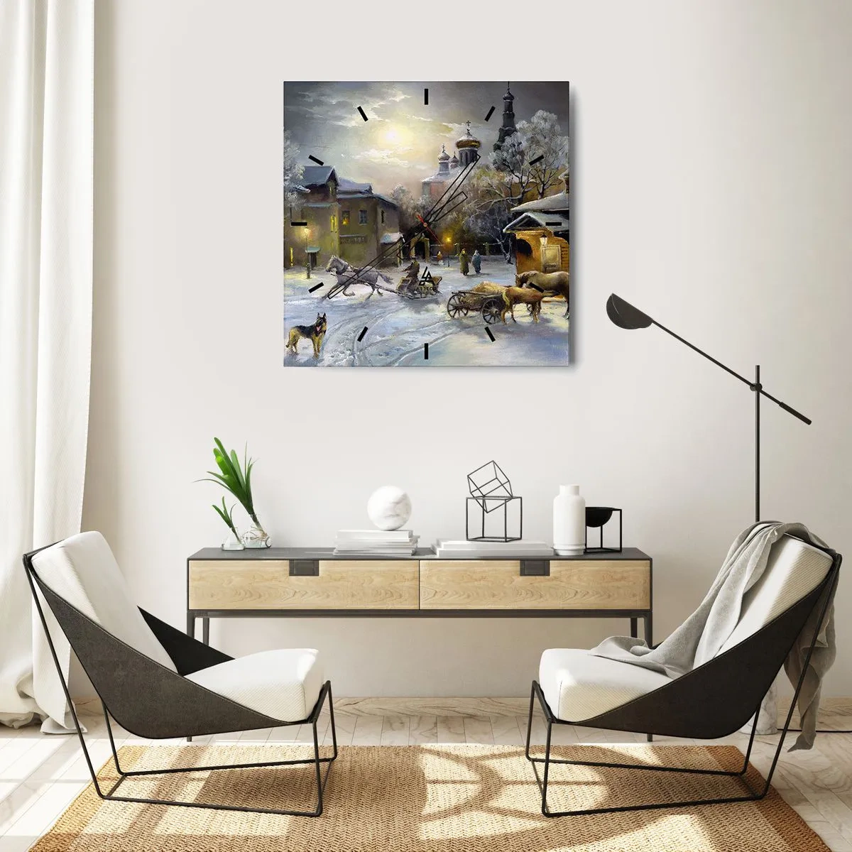 Wanduhr - Glasuhr - Winterlandschaft in einer russischen Stadt mit Schlitten und Kirche - 30x30cm - Die Magie des russischen Winters - Moderne Wanddekoration für Wohnzimmer und Schlafzimmer ARTTOR