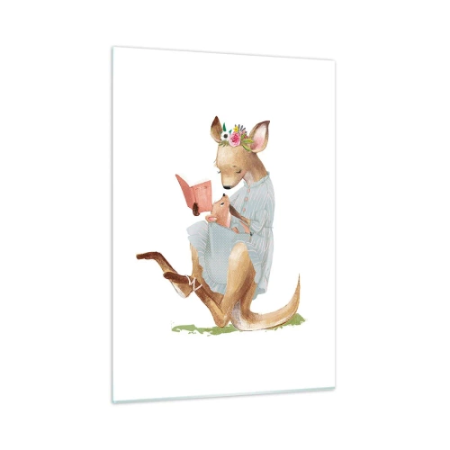 Glasbild - Bild auf glas - Eine Känguru-Mutter liest einem Känguru-Baby ein Buch vor - 50x70cm - Lies mir vor Mama - Moderne Wanddekoration für Wohnzimmer und Schlafzimmer ARTTOR