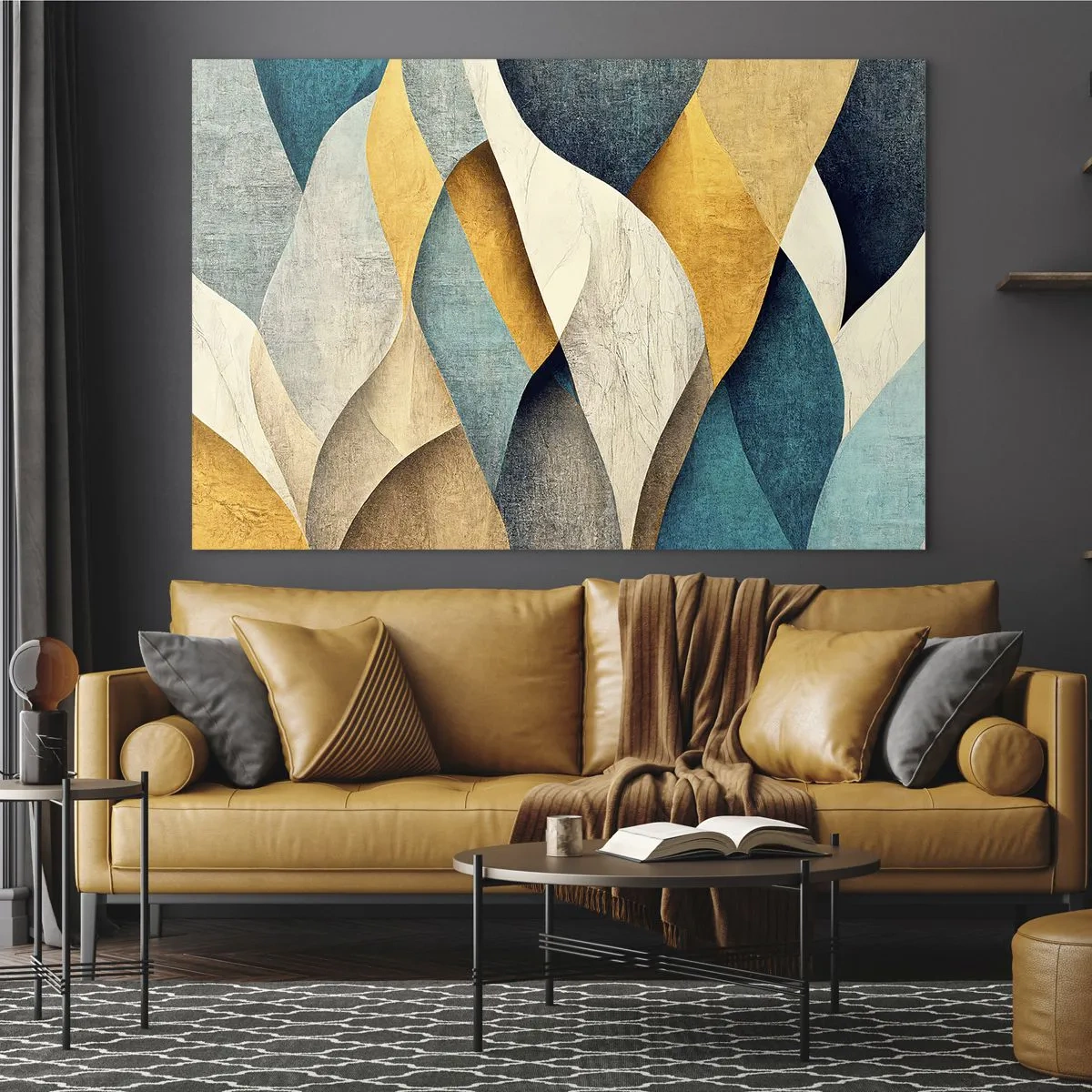 Glasbild - Bild auf glas - Abstrakte Formen in Gelb- und Blautönen - 100x70cm - Rhythmus und Welle - Moderne Wanddekoration für Wohnzimmer und Schlafzimmer ARTTOR