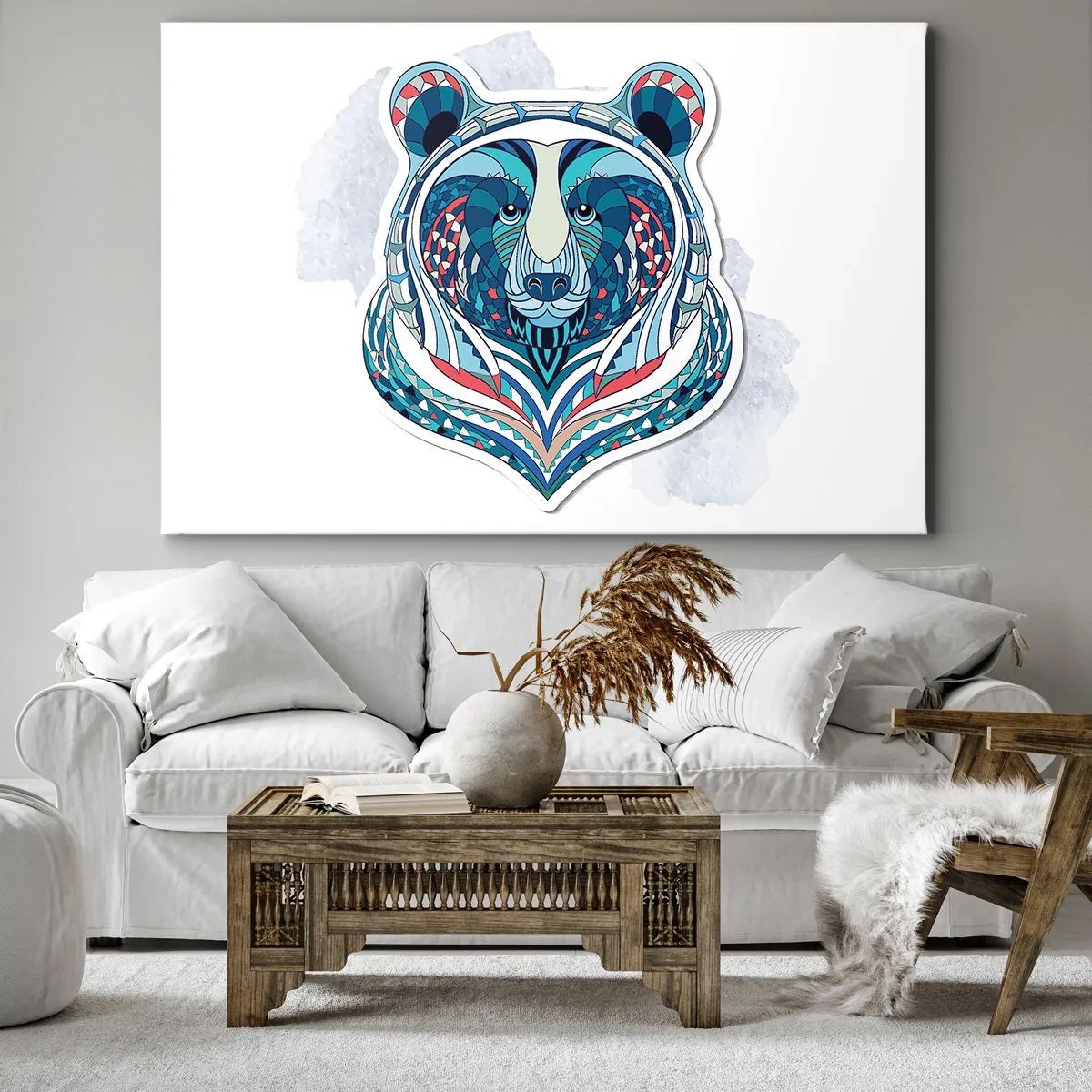 Bild auf Leinwand - Leinwandbild - Geometrischer Bär in Blau- und Rottönen - 100x70cm - Eviva Grönland! - Moderne Wanddekoration für Wohnzimmer und Schlafzimmer ARTTOR