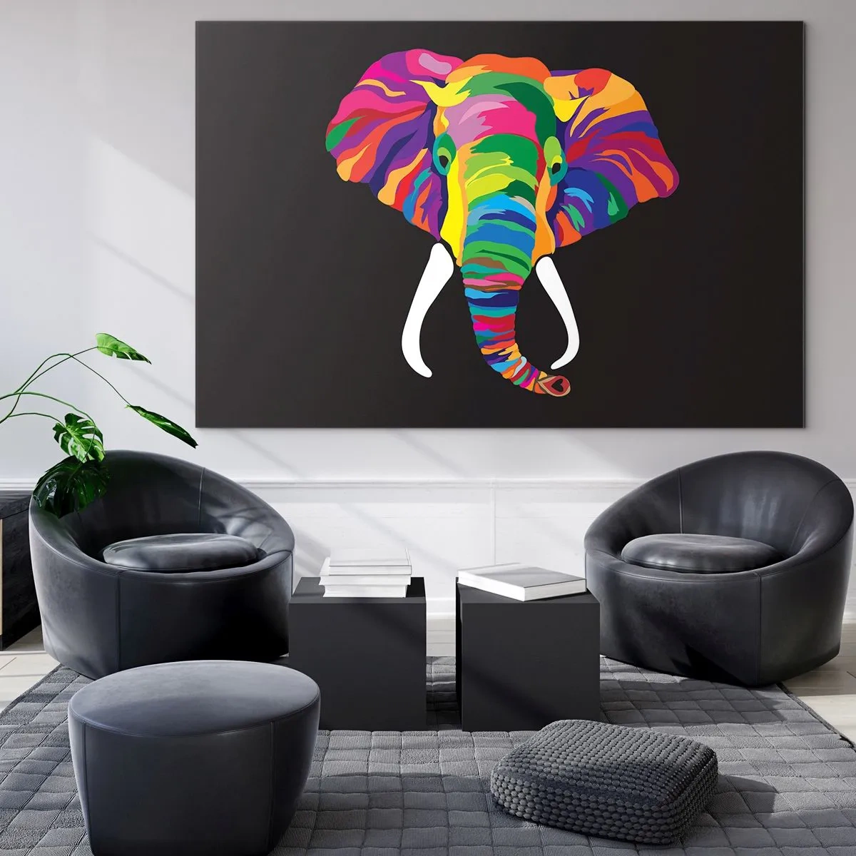 Glasbild - Bild auf glas - Ein bunter Elefant auf schwarzem Hintergrund im künstlerischen Stil - 100x70cm - Der Elefant, der es liebte, im Regenbogen zu baden - Moderne Wanddekoration für Wohnzimmer und Schlafzimmer ARTTOR