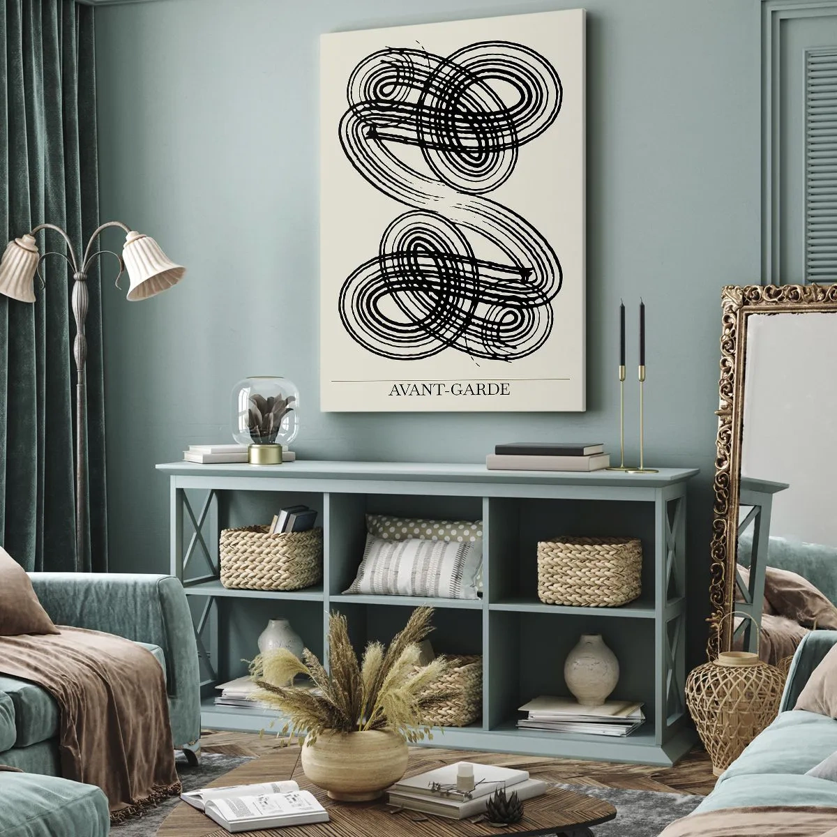 Bild auf Leinwand - Leinwandbild - Abstrakte schwarze Linien auf hellem Hintergrund im Avantgarde-Stil. - 80x120cm - Es kam spontan heraus - Moderne Wanddekoration für Wohnzimmer und Schlafzimmer ARTTOR