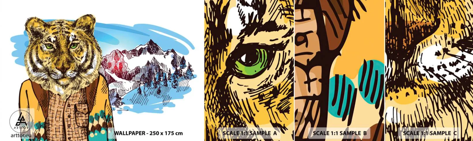 Fototapetenmuster Standard Eco - Nicht so wild, wie sie ihn zeichnen - Abstraktion, Tiger, Berge - 100x30 cm