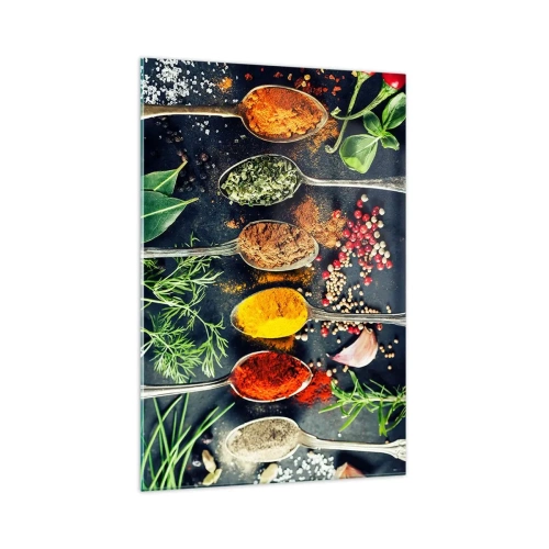 Glasbild - Bild auf glas - Bunte Gewürze auf Löffeln mit Kräutern im Hintergrund - 70x100cm - Kulinarische Magie - Moderne Wanddekoration für Wohnzimmer und Schlafzimmer ARTTOR