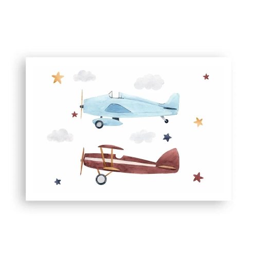 Poster - Handbemalte Flugzeuge vor einem Hintergrund aus Wolken und Sternen - 100x70cm - Wir warten, Herr Pilot! - Moderne Wanddekoration für Wohnzimmer und Schlafzimmer ARTTOR