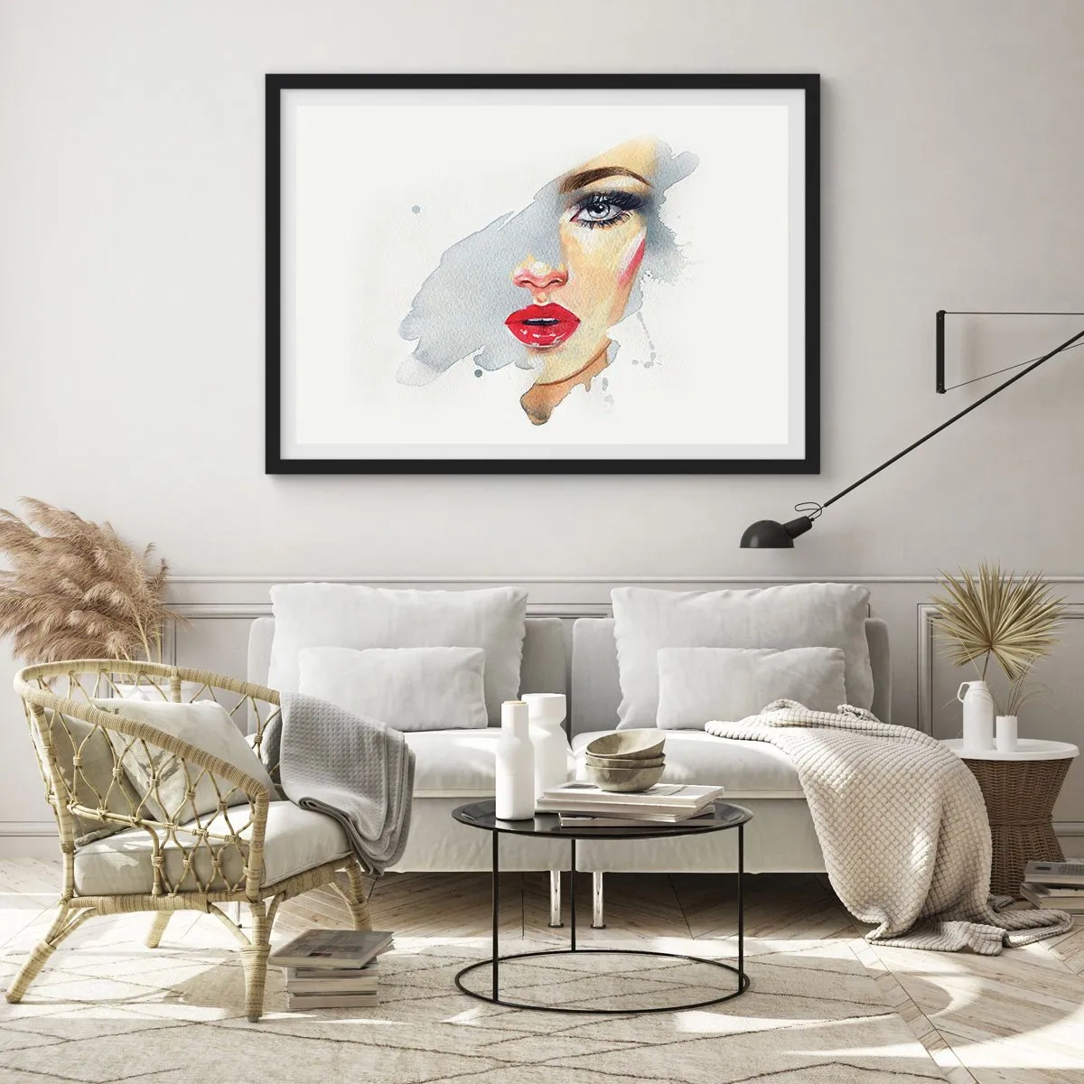Poster in einem schwarzem Rahmen - Ein Aquarellporträt einer Frau mit intensivem Blick. - 70x50cm - Abspiegeln in einem Wassertropfen - Moderne Wanddekoration für Wohnzimmer und Schlafzimmer ARTTOR