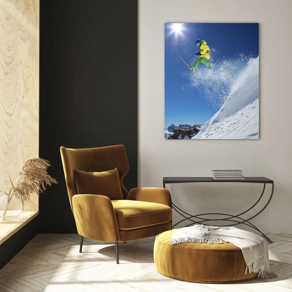 Glasbild - Bild auf glas - Skifahrer in der Luft mit Bergen im Hintergrund - 80x120cm - Tanzen mit den Bergen - Moderne Wanddekoration für Wohnzimmer und Schlafzimmer ARTTOR