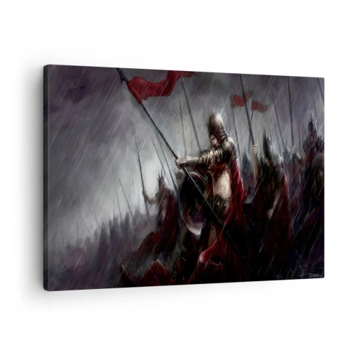Bild auf Leinwand - Leinwandbild - Ritter marschieren im Regen zum Schlachtfeld - 70x50cm - Passant, sag Sparta ... - Moderne Wanddekoration für Wohnzimmer und Schlafzimmer ARTTOR