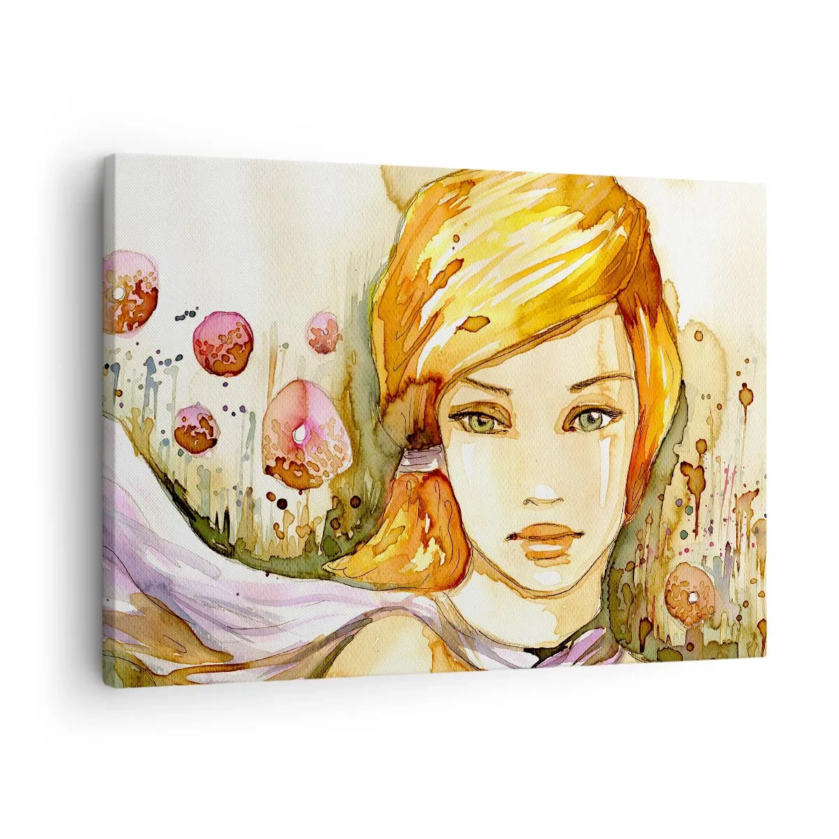 Bild auf Leinwand - Leinwandbild - Porträt einer Frau in Aquarellfarben mit intensivem Blick - 70x50cm - Ein smaragdgrüner Look, der die Wut beruhigt - Moderne Wanddekoration für Wohnzimmer und Schlafzimmer ARTTOR