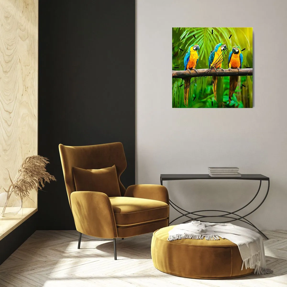 Wanduhr - Glasuhr - Drei bunte Papageien vor einem Hintergrund aus tropischem Grün - 30x30cm - Und hast du gehört, dass sie ...? - Moderne Wanddekoration für Wohnzimmer und Schlafzimmer ARTTOR