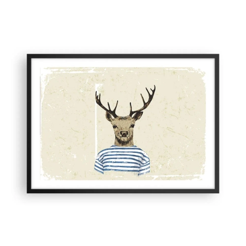 Poster in einem schwarzem Rahmen - Ein Hirsch im gestreiften Hemd auf hellem Hintergrund mit zarter Textur - 70x50cm - Weil ich gestreifte T-Shirts mag! - Moderne Wanddekoration für Wohnzimmer und Schlafzimmer ARTTOR
