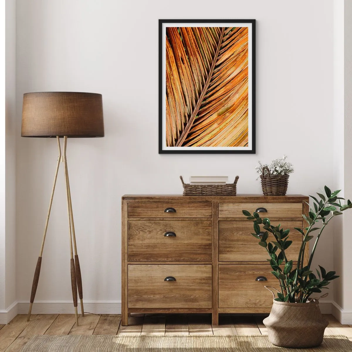 Poster in einem schwarzem Rahmen - Eine Nahaufnahme eines trockenen Blattes in Braun- und Goldtönen. - 50x70cm - Kokosnuss-Gold - Moderne Wanddekoration für Wohnzimmer und Schlafzimmer ARTTOR