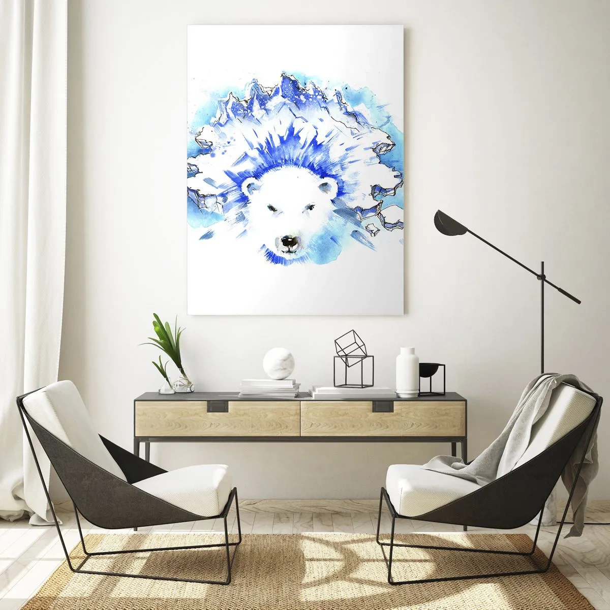 Glasbild - Bild auf glas - Ein Eisbär vor dem Hintergrund eisiger Berge in Blautönen. - 50x70cm - Der König der Arktis in einer Eiskrone - Moderne Wanddekoration für Wohnzimmer und Schlafzimmer ARTTOR