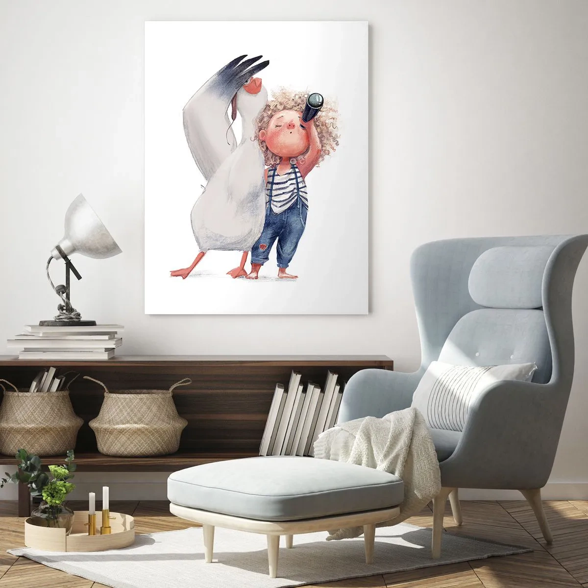 Glasbild - Bild auf glas - Baby mit Fernglas und Storch im lustigen Illustrationsstil - 50x70cm - Toller Reiseplan - Moderne Wanddekoration für Wohnzimmer und Schlafzimmer ARTTOR