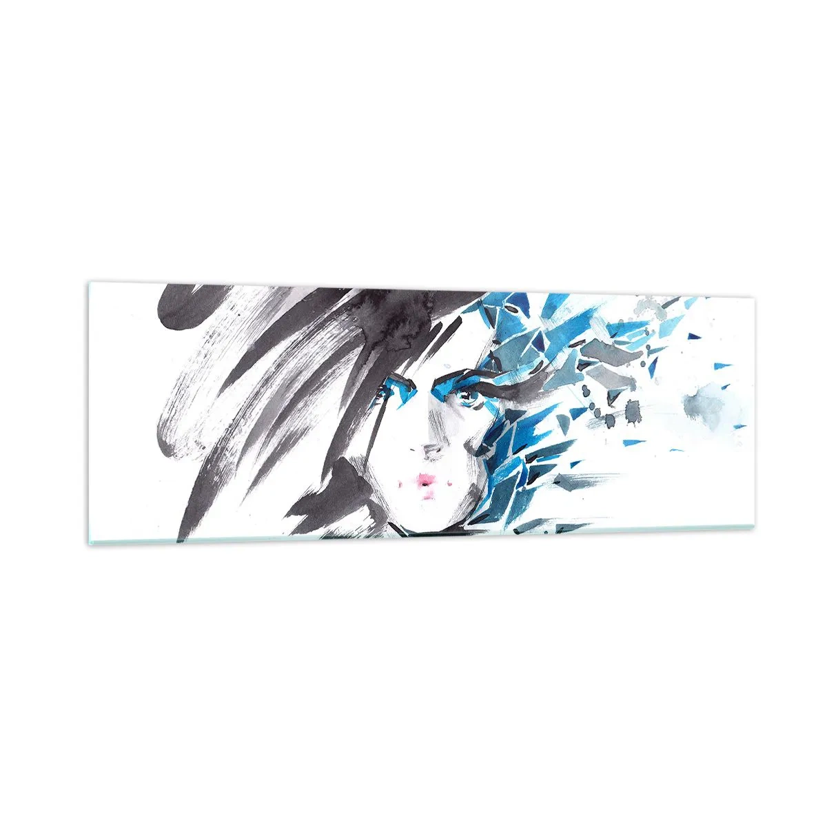 Glasbild - Bild auf glas - Sinnliches Portrait in Grau und Blau - 90x30 cm