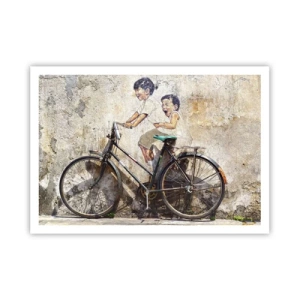 Poster - Streetart mit Fahrrad und Kinderzeichnungen an der Wand - 100x70cm - Richtig oder falsch? - Moderne Wanddekoration für Wohnzimmer und Schlafzimmer ARTTOR