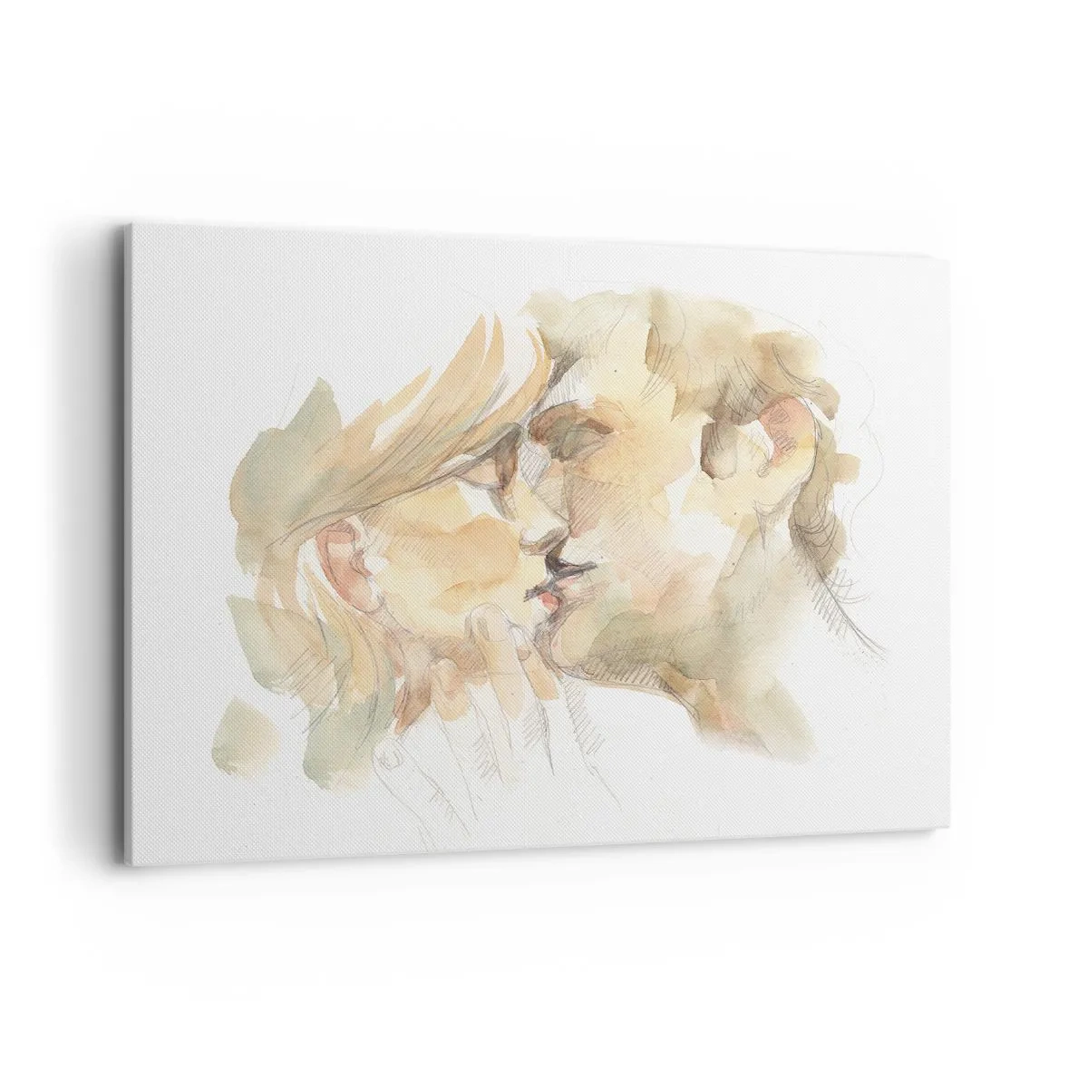 Bild auf Leinwand - Leinwandbild - Romantisches Aquarellporträt eines sich küssenden Paares - 100x70cm - Hälfte gefunden? - Moderne Wanddekoration für Wohnzimmer und Schlafzimmer ARTTOR