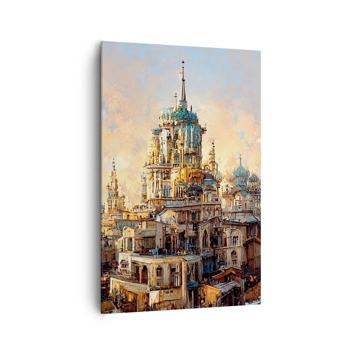 Bild auf Leinwand - Leinwandbild - Architektonische Türme in den Strahlen der untergehenden Sonne - 80x120cm - Stadt der Städte - Moderne Wanddekoration für Wohnzimmer und Schlafzimmer ARTTOR