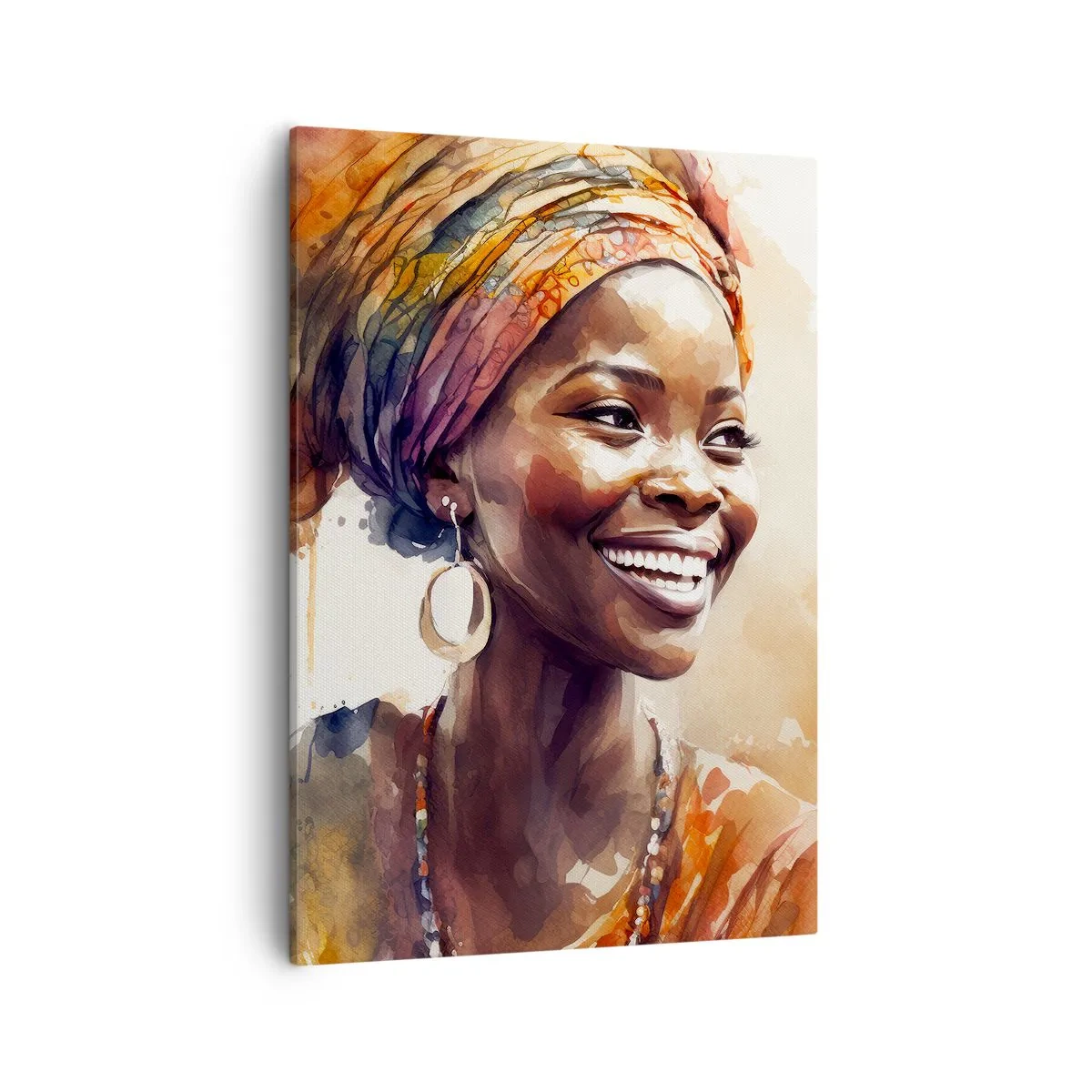 Bild auf Leinwand - Leinwandbild - Porträt einer lächelnden Frau mit buntem Schal in Aquarell - 50x70cm - Afrikanische Königin - Moderne Wanddekoration für Wohnzimmer und Schlafzimmer ARTTOR