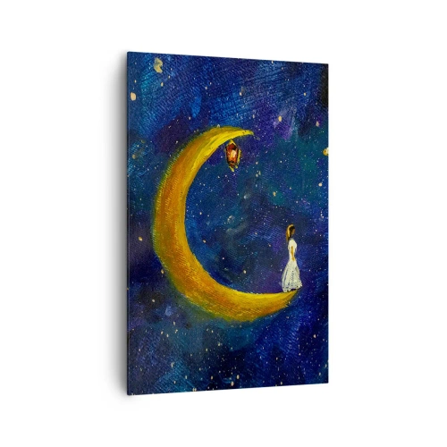 Bild auf Leinwand - Leinwandbild - Ein Mädchen steht auf dem Mond in einem Sternenhimmel - 80x120cm - Der Ruf der Welt - Moderne Wanddekoration für Wohnzimmer und Schlafzimmer ARTTOR