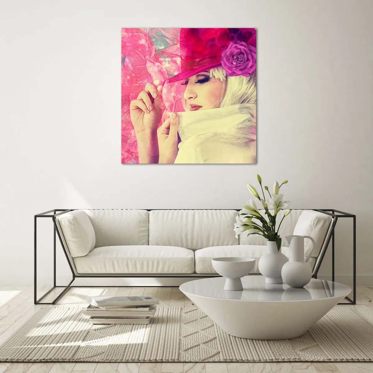 Glasbild - Bild auf glas - Retro-Porträt in einem rosa Nebel - 70x70 cm