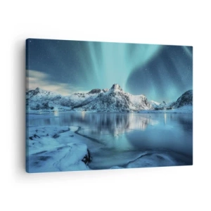 Bild auf Leinwand - Leinwandbild - Aurora Borealis über schneebedeckten Bergen und einem See - 70x50cm - Lichtnacht - Moderne Wanddekoration für Wohnzimmer und Schlafzimmer ARTTOR