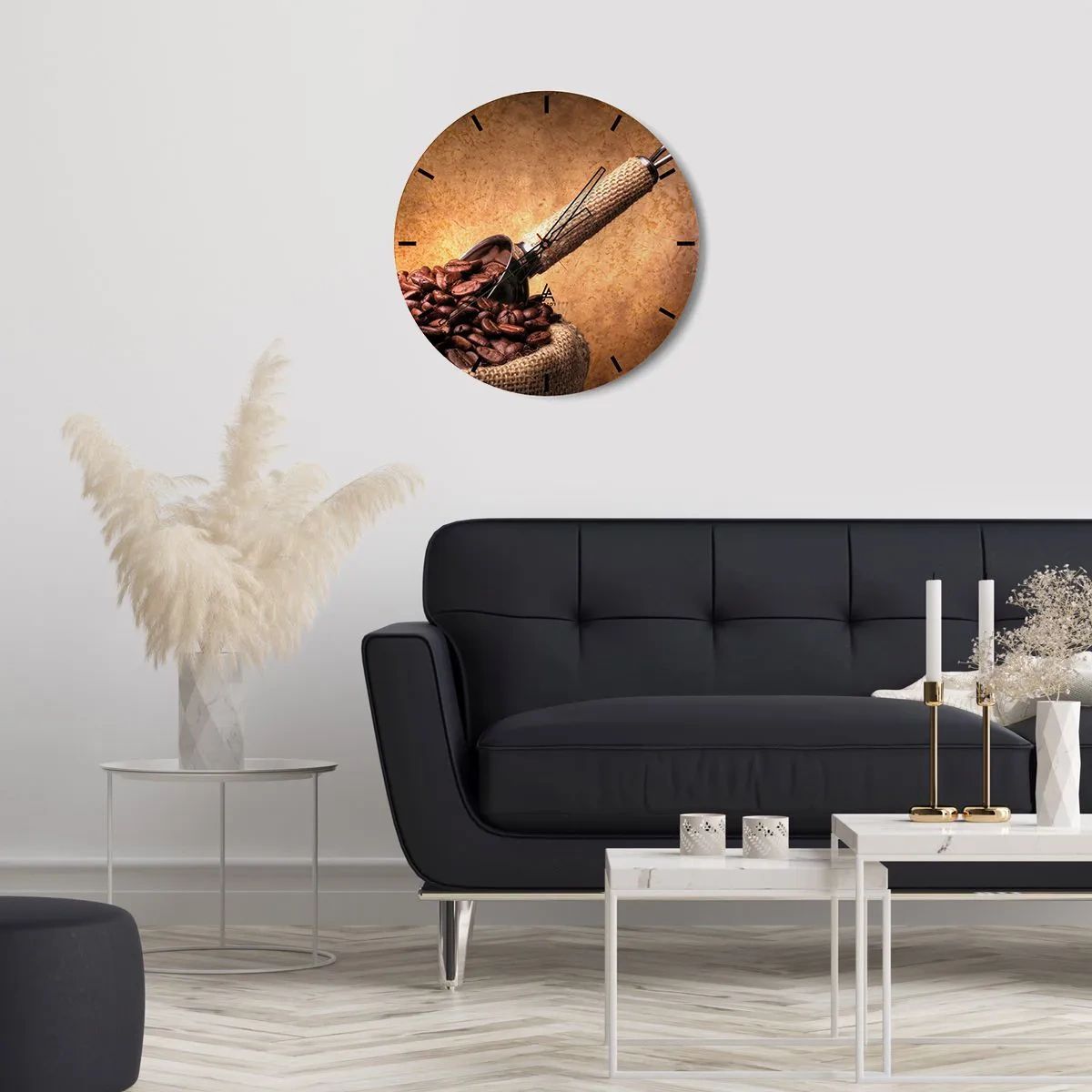 Wanduhr - Glasuhr - Kaffeebohnen in einer Tüte mit Messbecher auf braunem Hintergrund - 30x30cm - An der Quelle des Geschmacks - Moderne Wanddekoration für Wohnzimmer, Küche und Schlafzimmer ARTTOR