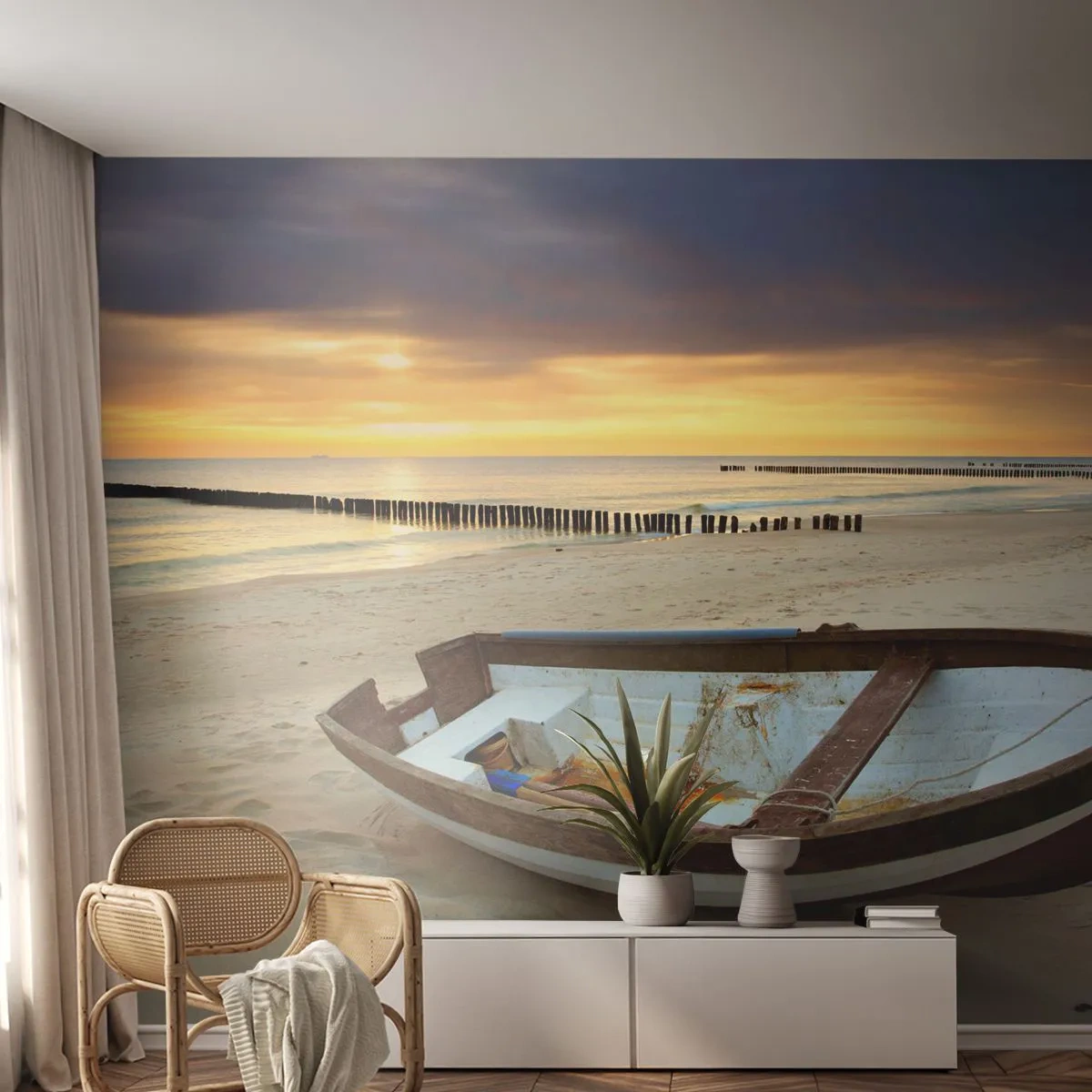 Fototapete Premium Sand - Altes Boot auf einem Sandstrand bei Sonnenuntergang - 100x70cm - Es gibt keine schöneren Strände - Moderne Wanddekoration für Wohnzimmer und Schlafzimmer ARTTOR