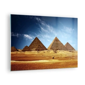 Glasbild - Bild auf glas - Die Pyramiden von Gizeh vor dem blauen Himmel - 70x50cm - 40 Jahrhunderte schauen dich an - Moderne Wanddekoration für Wohnzimmer und Schlafzimmer ARTTOR